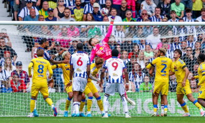 Players from Leeds United and West Bromwich Albion in action during a football match.