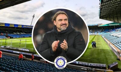 Leeds United manager Daniel Farke in a circular insert with Elland Road in the background.