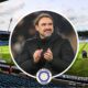 Leeds United manager Daniel Farke in a circular insert with Elland Road in the background.
