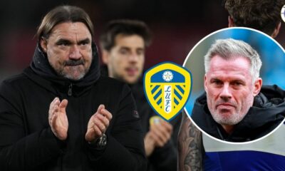 Leeds manager Daniel Farke, Jamie Carragher in a circular insert.