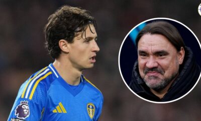 Brenden Aaronson in action for Leeds United, Leeds manager Daniel Farke smiling in a circular insert.