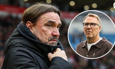 Leeds United manager Daniel Farke, Paul Merson in a circular insert