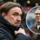 Leeds United manager Daniel Farke, Paul Merson in a circular insert