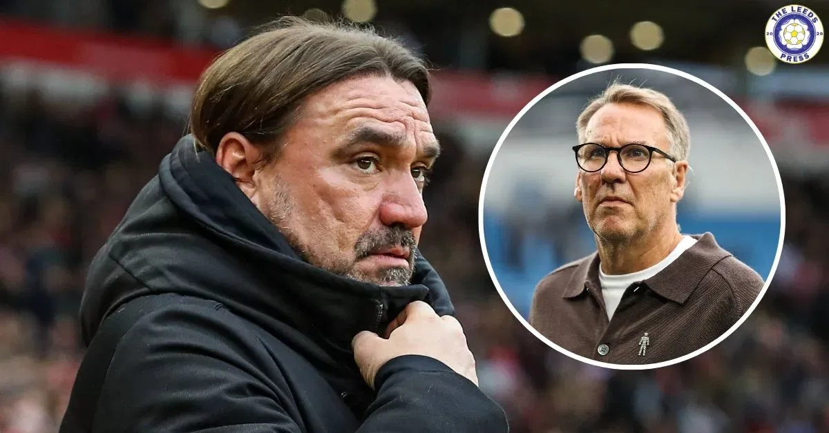 Leeds United manager Daniel Farke, Paul Merson in a circular insert