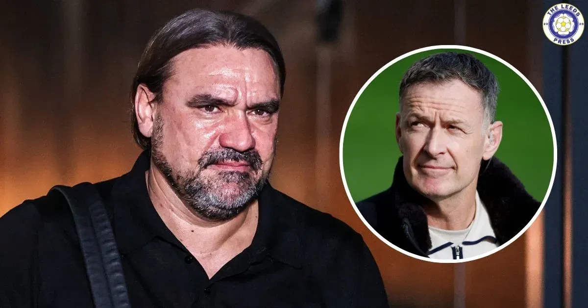 Leeds United manager Daniel Farke, Chris Sutton in a circular insert.