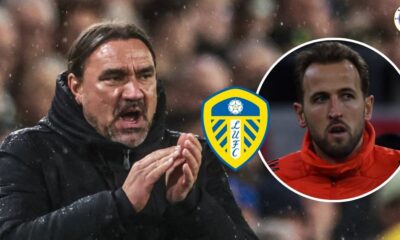 Leeds United manager Daniel Farke applauding, Harry Kane in a circular insert.