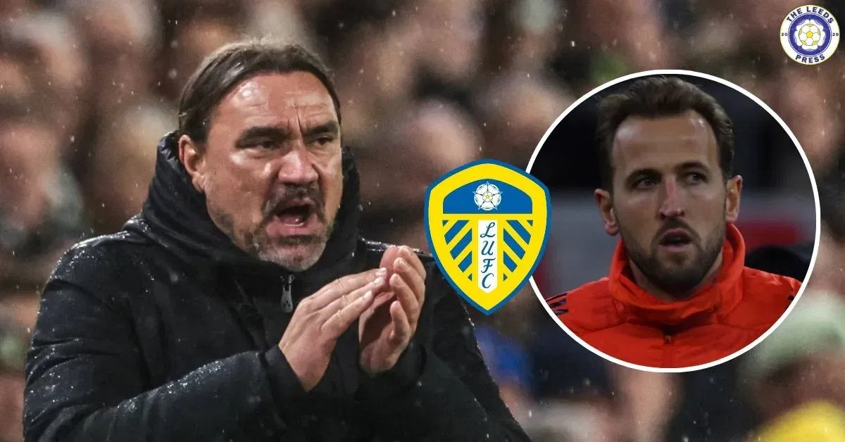 Leeds United manager Daniel Farke applauding, Harry Kane in a circular insert.