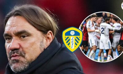Leeds United manager Daniel Farke, Leeds players in a circular insert.