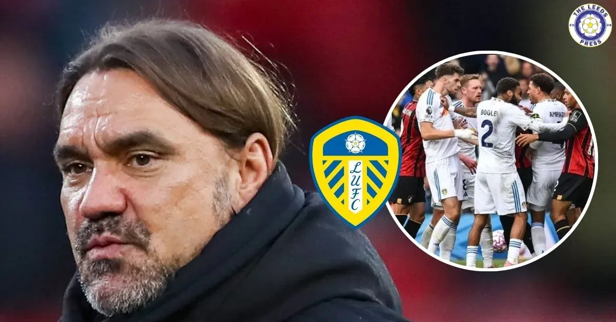 Leeds United manager Daniel Farke, Leeds players in a circular insert.