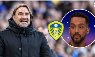 Leeds United manager Daniel Farke, Theo Walcott in a circular insert.