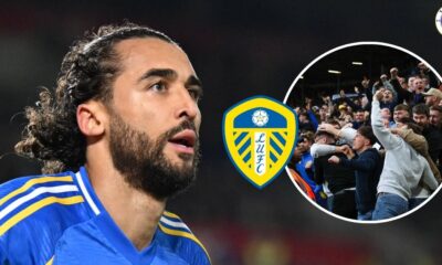 Dominic Calvert-Lewin in action for Leeds, Leeds supporters celebrating in a circular insert.