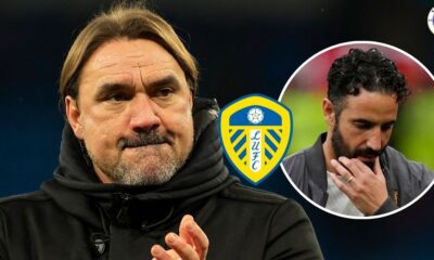Leeds manager Daniel Farke, Manchester United manager Ruben Amorim in a circular insert.