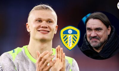 Erling Haaland applauding, Leeds manager Daniel Farke smiling in a circular insert.