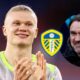Erling Haaland applauding, Leeds manager Daniel Farke smiling in a circular insert.