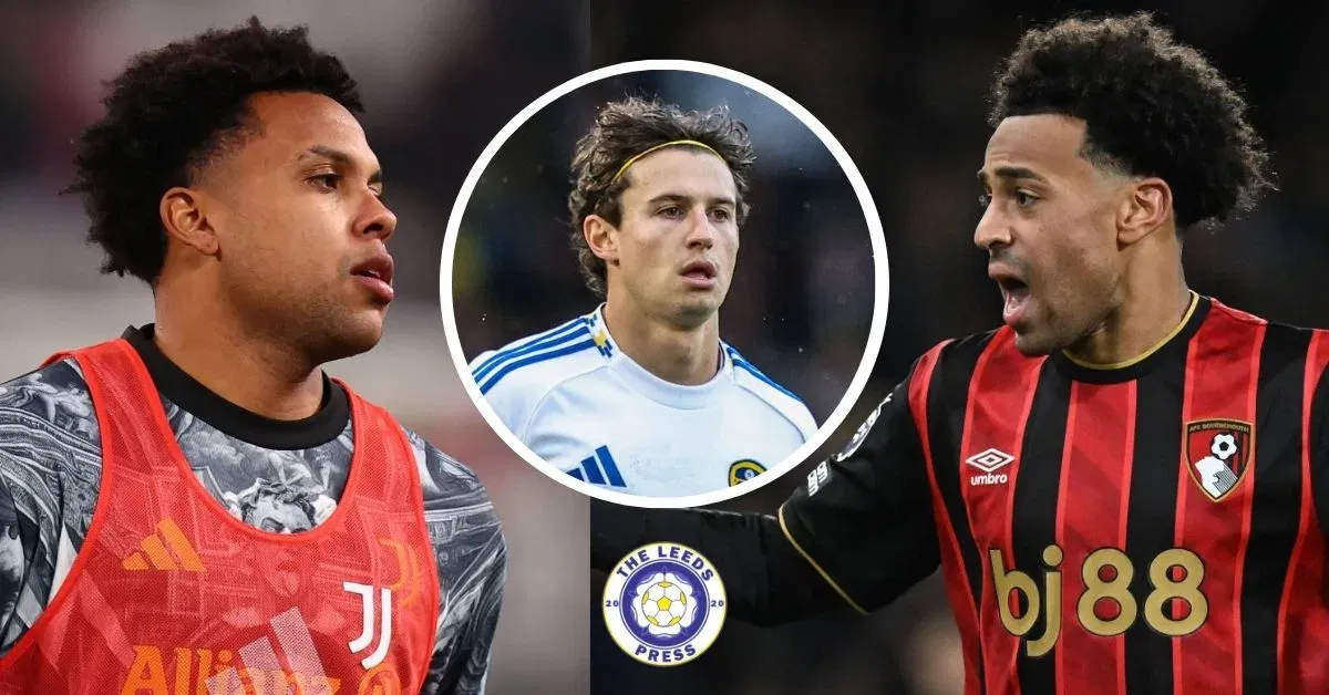 Leeds United midfielder Brenden Aaronson in a circular insert with Weston McKennie and Tyler Adams either side of him.