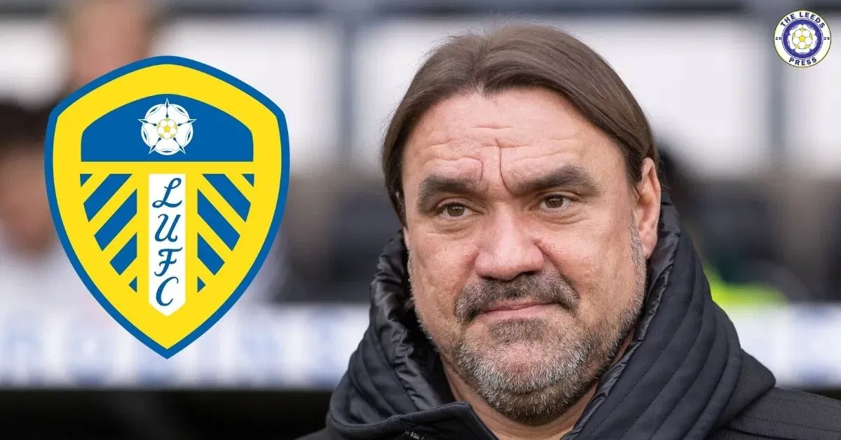 Leeds United manager Daniel Farke next to a Leeds badge