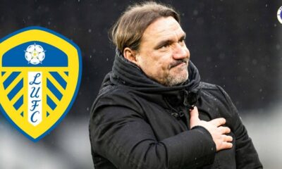 Leeds United manager Daniel Farke next to a Leeds badge.