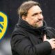 Leeds United manager Daniel Farke next to a Leeds badge.
