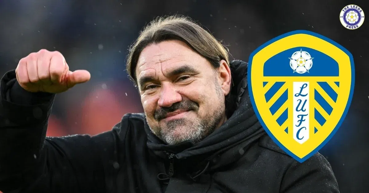 Leeds United manager Daniel Farke holding a thumbs up and smiling next to a Leeds badge.