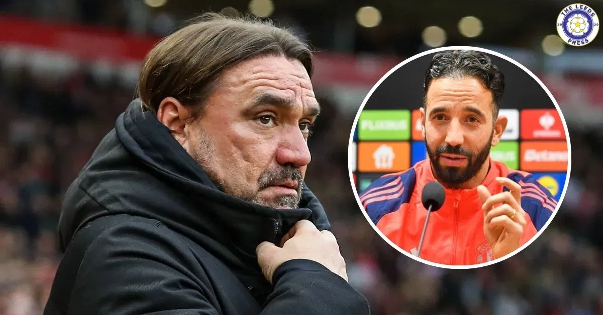 Leeds United manager Daniel Farke, Manchester United manager Ruben Amorim in a circular insert.