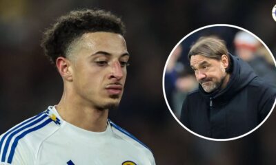 Leeds United player Ethan Ampadu, Leeds manager Daniel Farke in a circular insert.