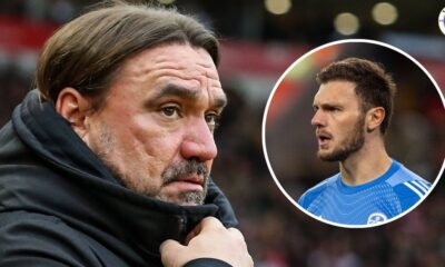 Leeds United manager Daniel Farke, Lucas Perri in a circular insert