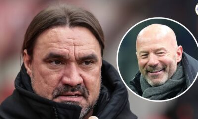 Leeds United manager Daniel Farke, Alan Shearer in a circular insert.