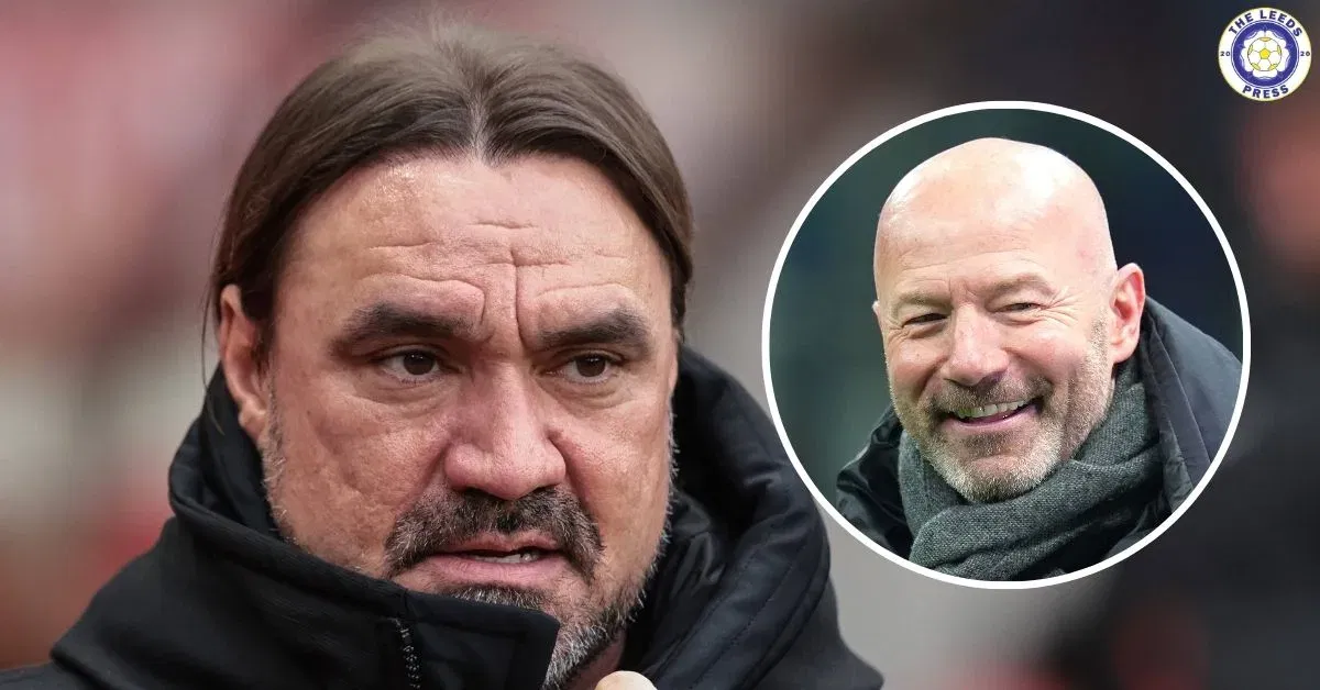Leeds United manager Daniel Farke, Alan Shearer in a circular insert.