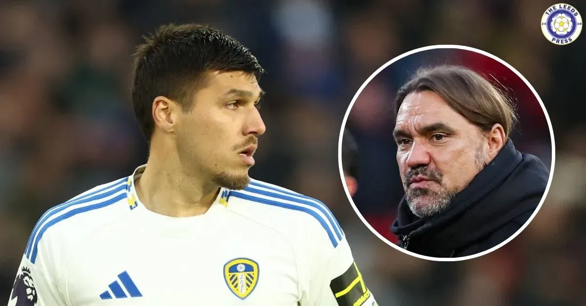 Joel Piroe in action for Leeds United, looking at Leeds manager Daniel Farke in a circular insert.