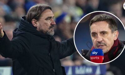 Leeds United manager Daniel Farke, Gary Neville in a circular insert.