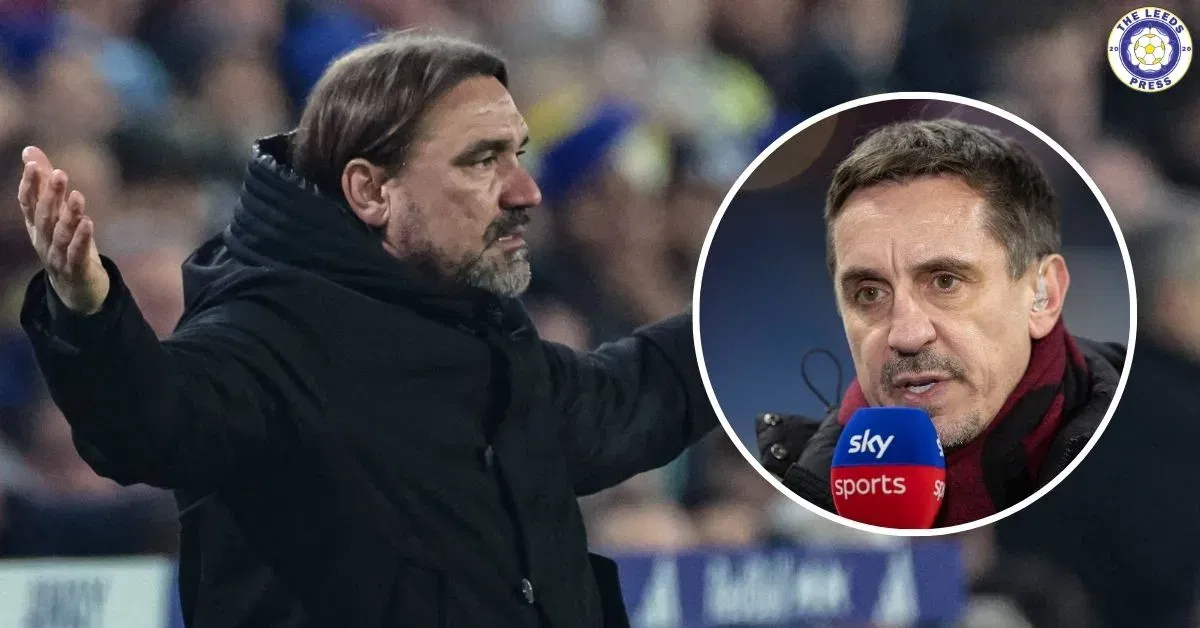 Leeds United manager Daniel Farke, Gary Neville in a circular insert.