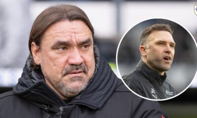 Leeds United manager Daniel Farke, Derby County manager John Eustace in a circular insert.