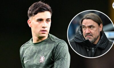 Facundo Buonanotte and Leeds United manager Daniel Farke in a circular insert.