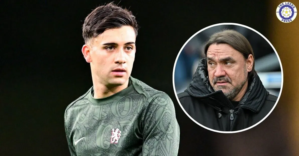 Facundo Buonanotte and Leeds United manager Daniel Farke in a circular insert.