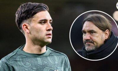 Facundo Buonanotte looking at Leeds manager Daniel Farke in a circular insert.