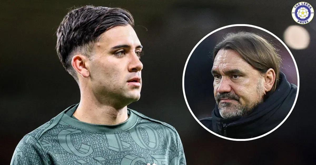 Facundo Buonanotte looking at Leeds manager Daniel Farke in a circular insert.