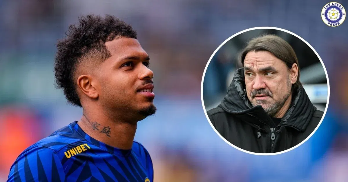 Georginio Rutter looking towards Daniel Farke in a circular insert.