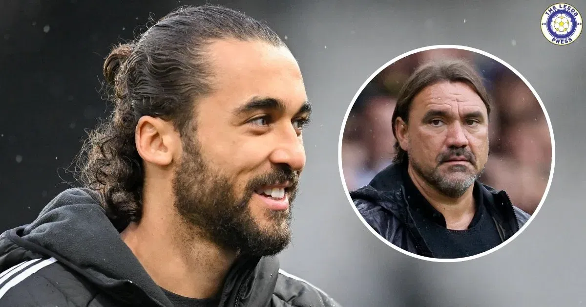 Dominic Calvert-Lewin looking at Daniel Farke in a circular insert.