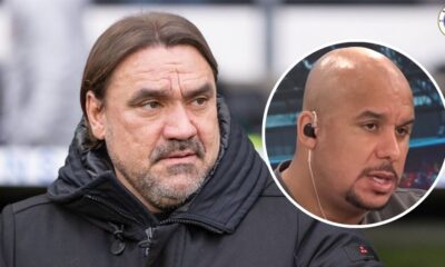 Leeds United manager Daniel Farke, Gabby Agbonlahor in a circular insert.