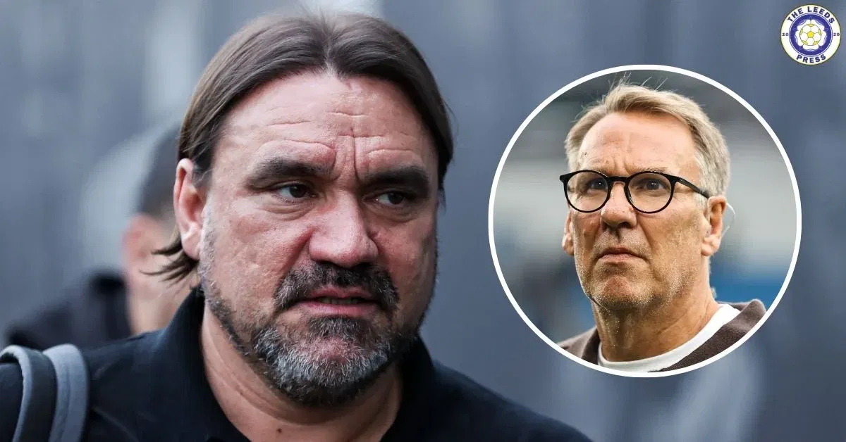 Leeds United manager Daniel Farke, Paul Merson in a circular insert.