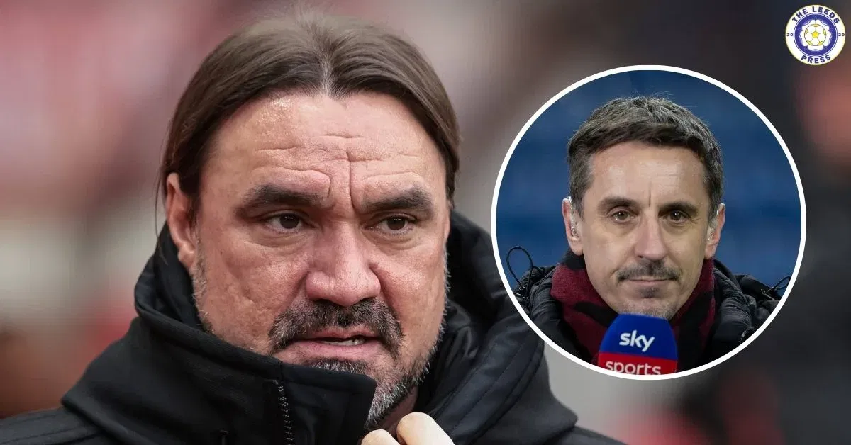 Leeds United manager Daniel Farke, Gary Neville in a circular insert.