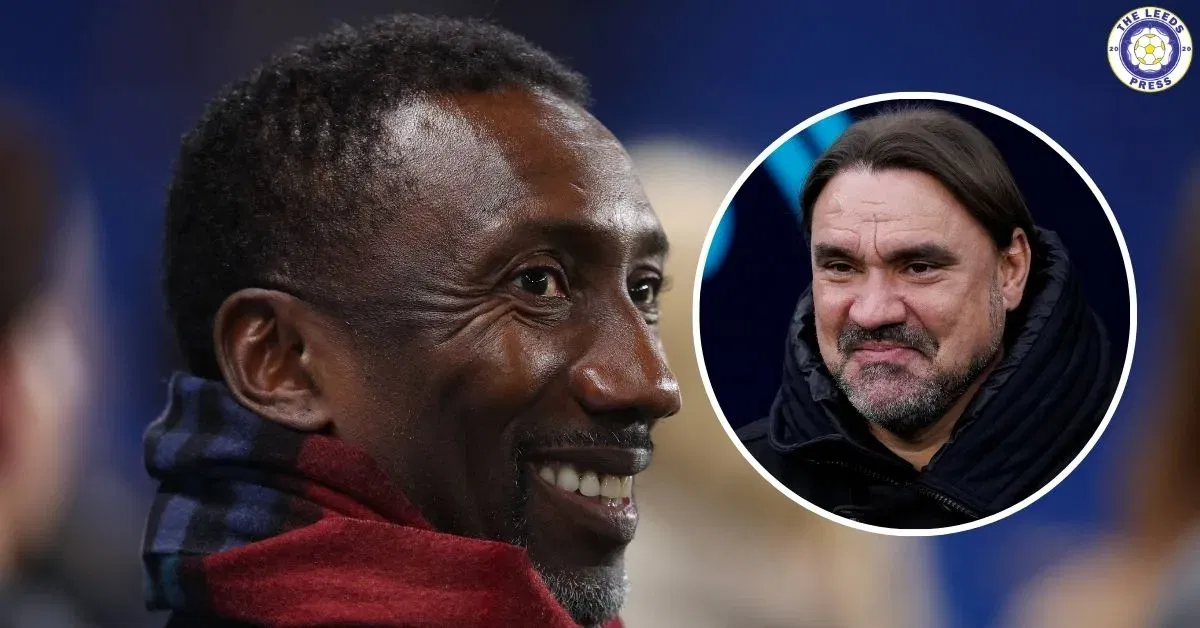 Former Leeds United striker Jimmy Floyd Hasselbaink, Leeds manager Daniel Farke in a circular insert.