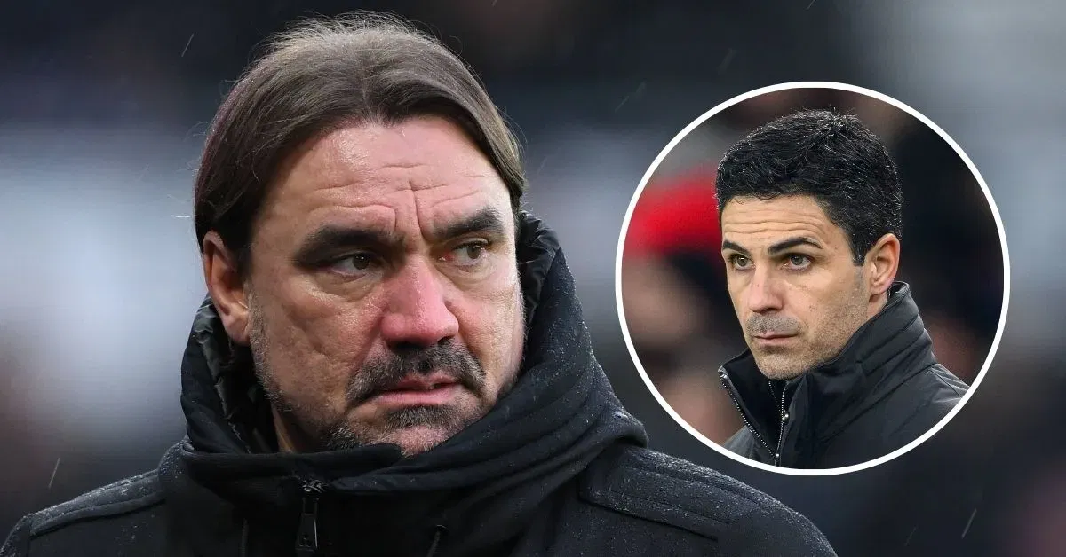 Leeds United manager Daniel Farke, Arsenal manager Mikel Arteta in a circular insert.