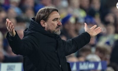 Leeds United manager Daniel Farke looking annoyed with his arms outstretched.