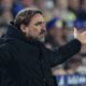 Leeds United manager Daniel Farke looking annoyed with his arms outstretched.