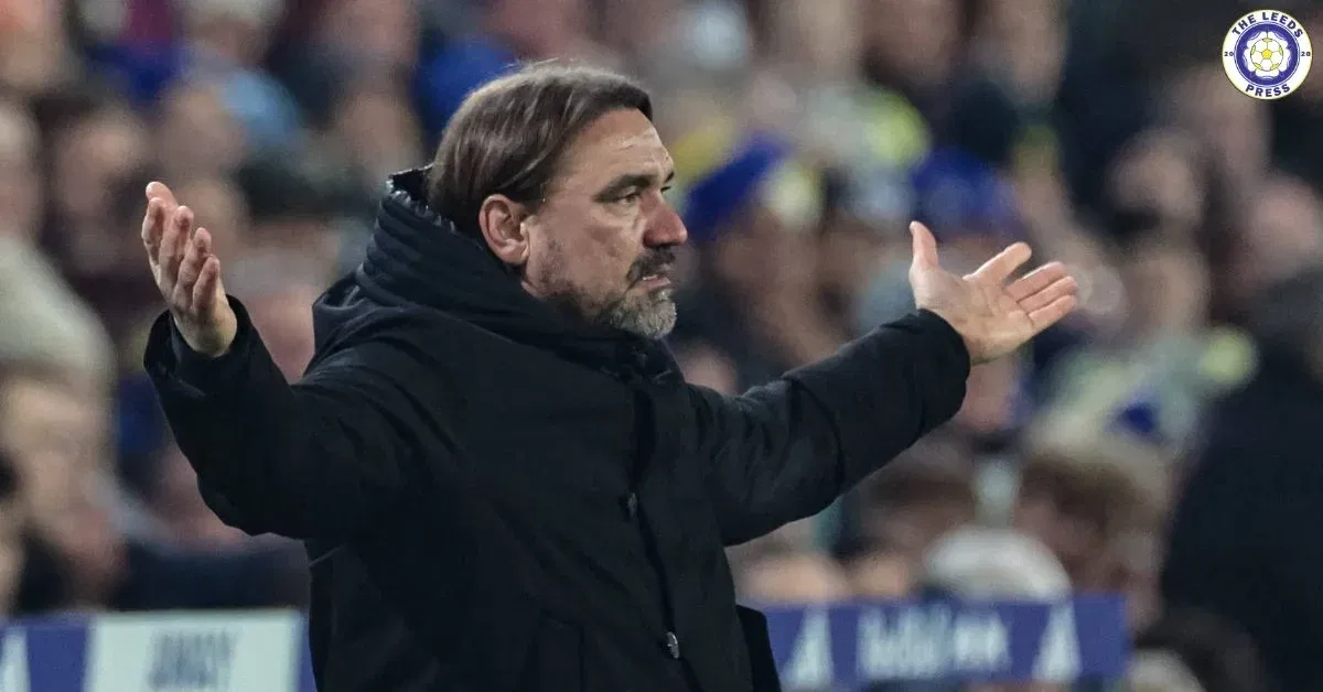 Leeds United manager Daniel Farke looking annoyed with his arms outstretched.