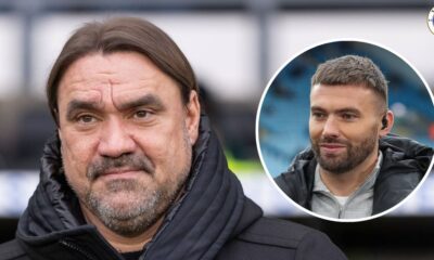 Leeds United manager Daniel Farke, Stuart Dallas in a circular insert.