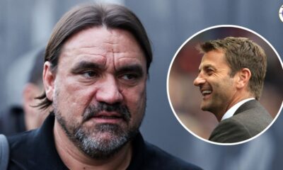 Leeds United manager Daniel Farke, Tim Sherwood in a circular insert.