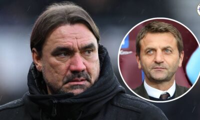 Leeds United manager Daniel Farke, Tim Sherwood in a circular insert.