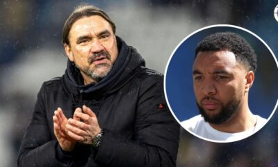 Leeds United manager Daniel Farke, Troy Deeney in a circular insert.
